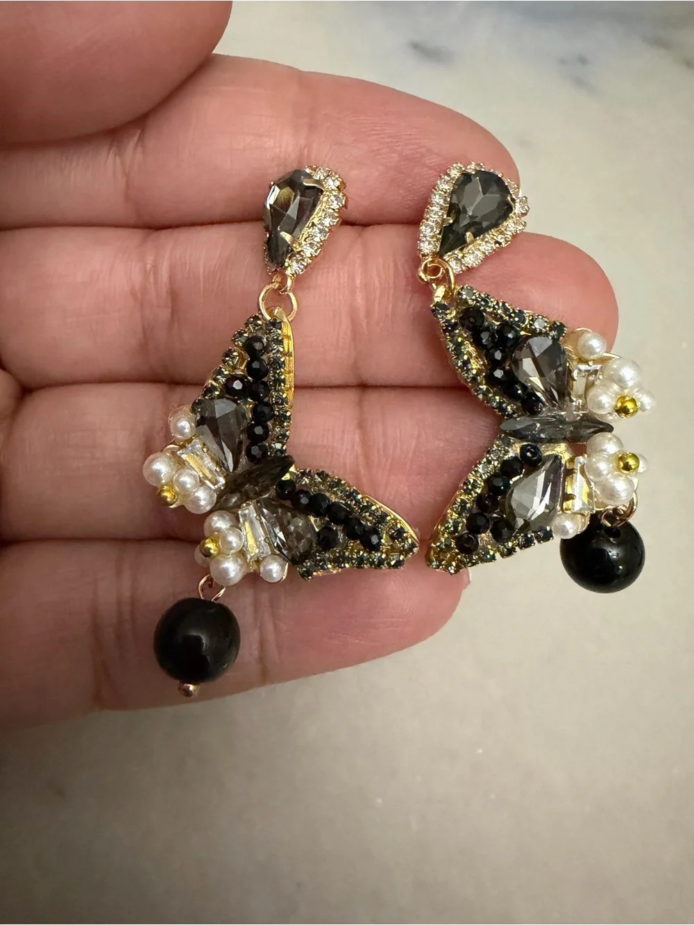 Handcrafted Black Crystal & Pearl Butterfly Drop Earrings